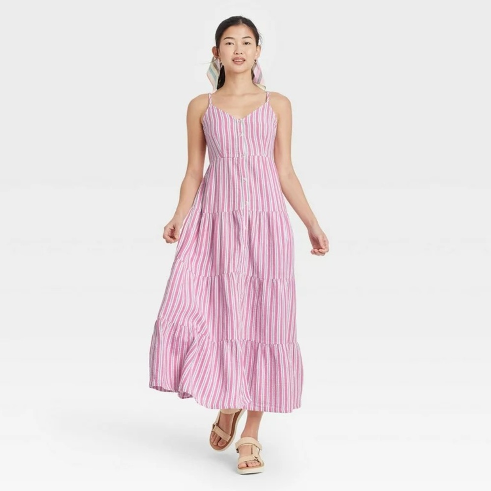 NWT Universal Thread Pink White Stripe Button Maxi Dress Sz S
